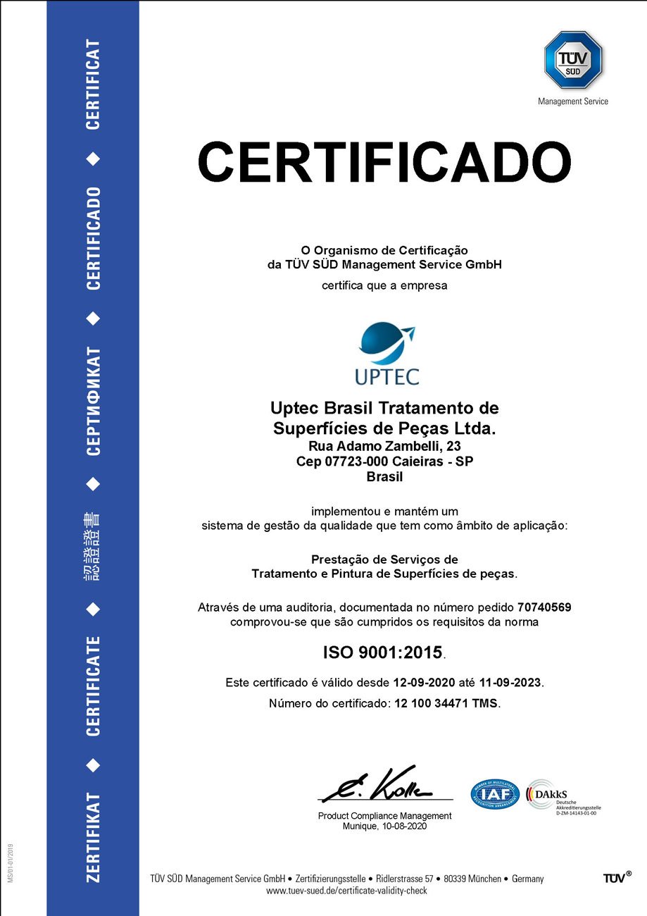 Certificado ISO 9001:2015 — Uptec Brasil, emitido pela TÜV SÜD